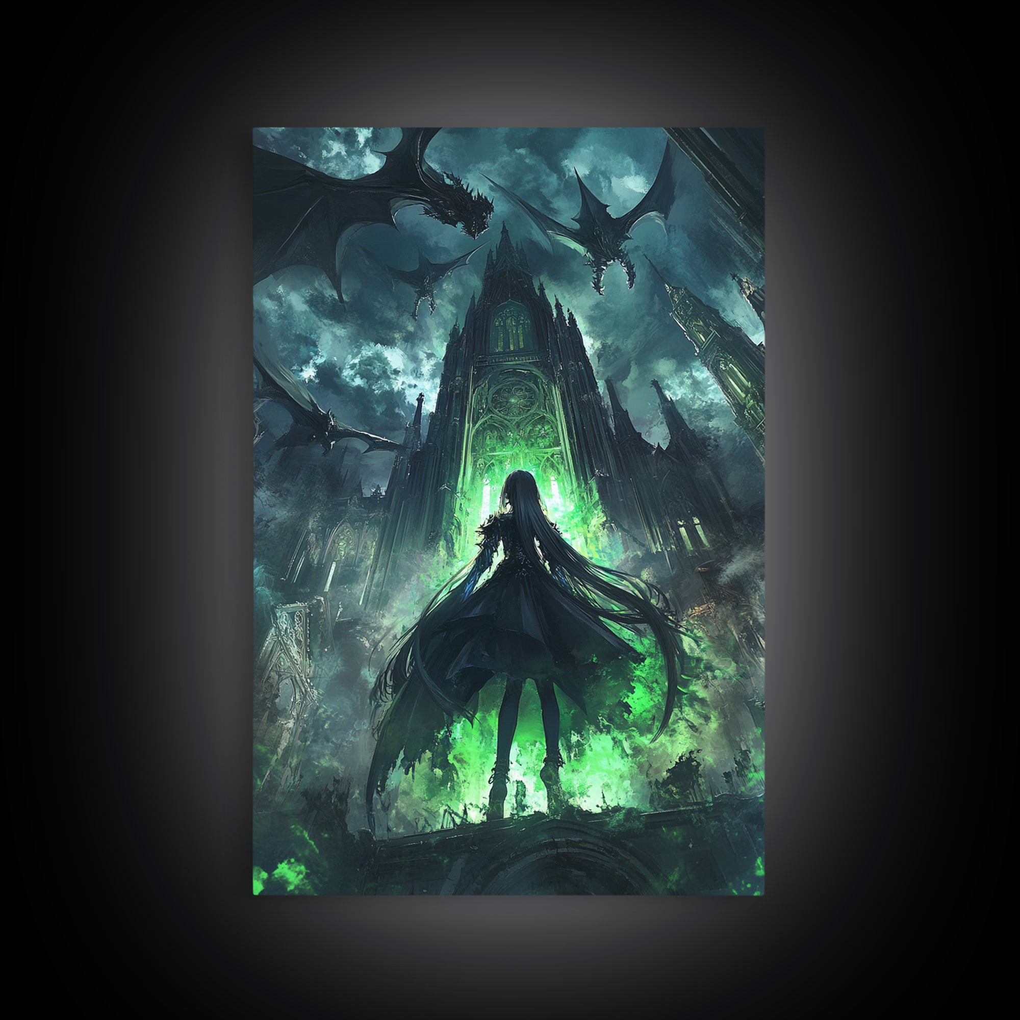 Dark Dragon Cathedral With Green Portal And Girl Silhouette Framed Canvas Print, Gothic Fantasy Wall Art, Moody Decor Gift