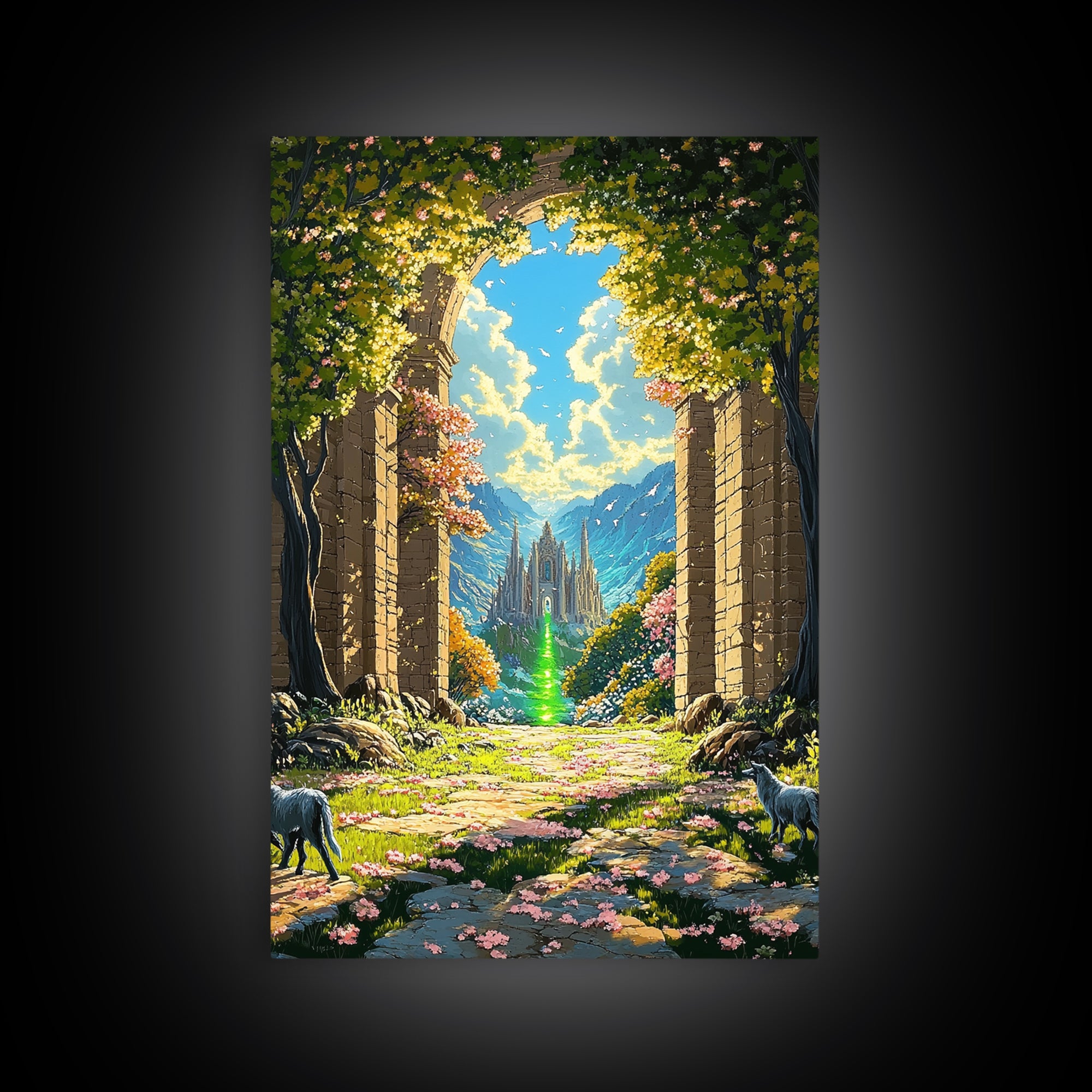 Enchanted Garden Archway To Distant Cathedral With Green Magic Wall Art, Fantasy Landscape Print, Whimsical Decor For Living Room