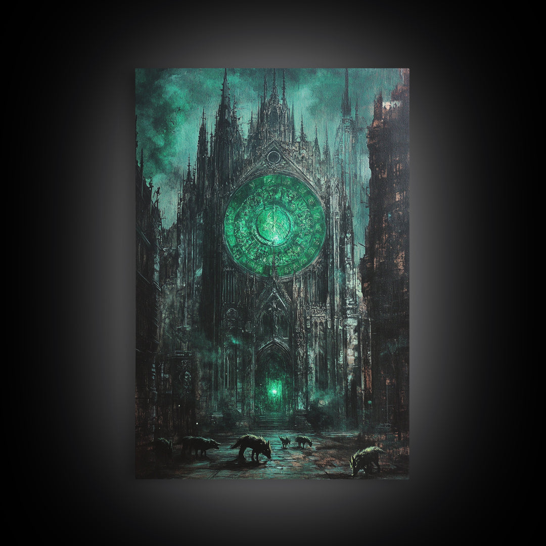 Emerald Rose Window On Dark Gothic Cathedral With Wolves Wall Art, Moody Fantasy Print, Dark Academia Office Decor For Living Room