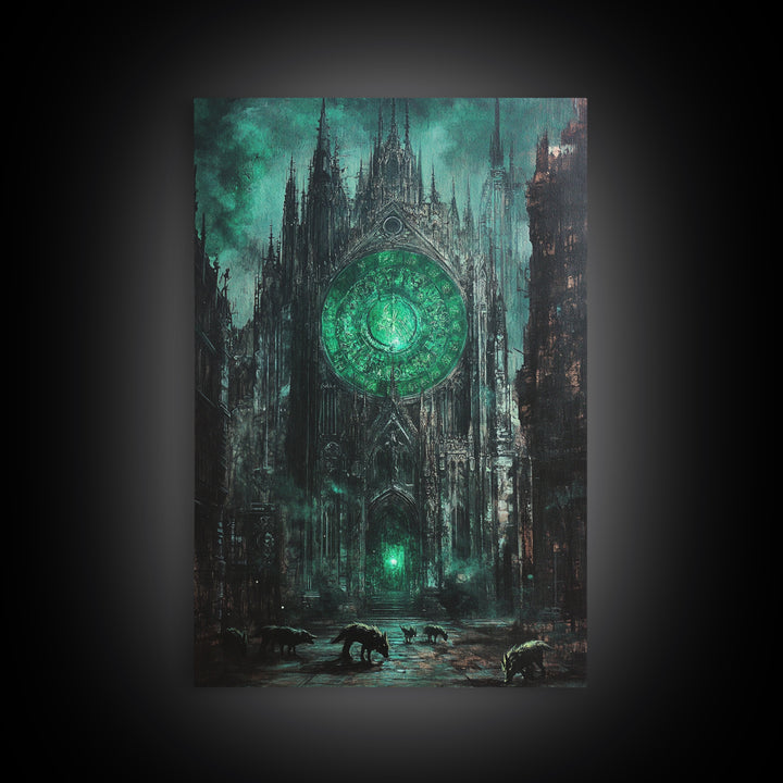 Emerald Rose Window On Dark Gothic Cathedral With Wolves Wall Art, Moody Fantasy Print, Dark Academia Office Decor For Living Room