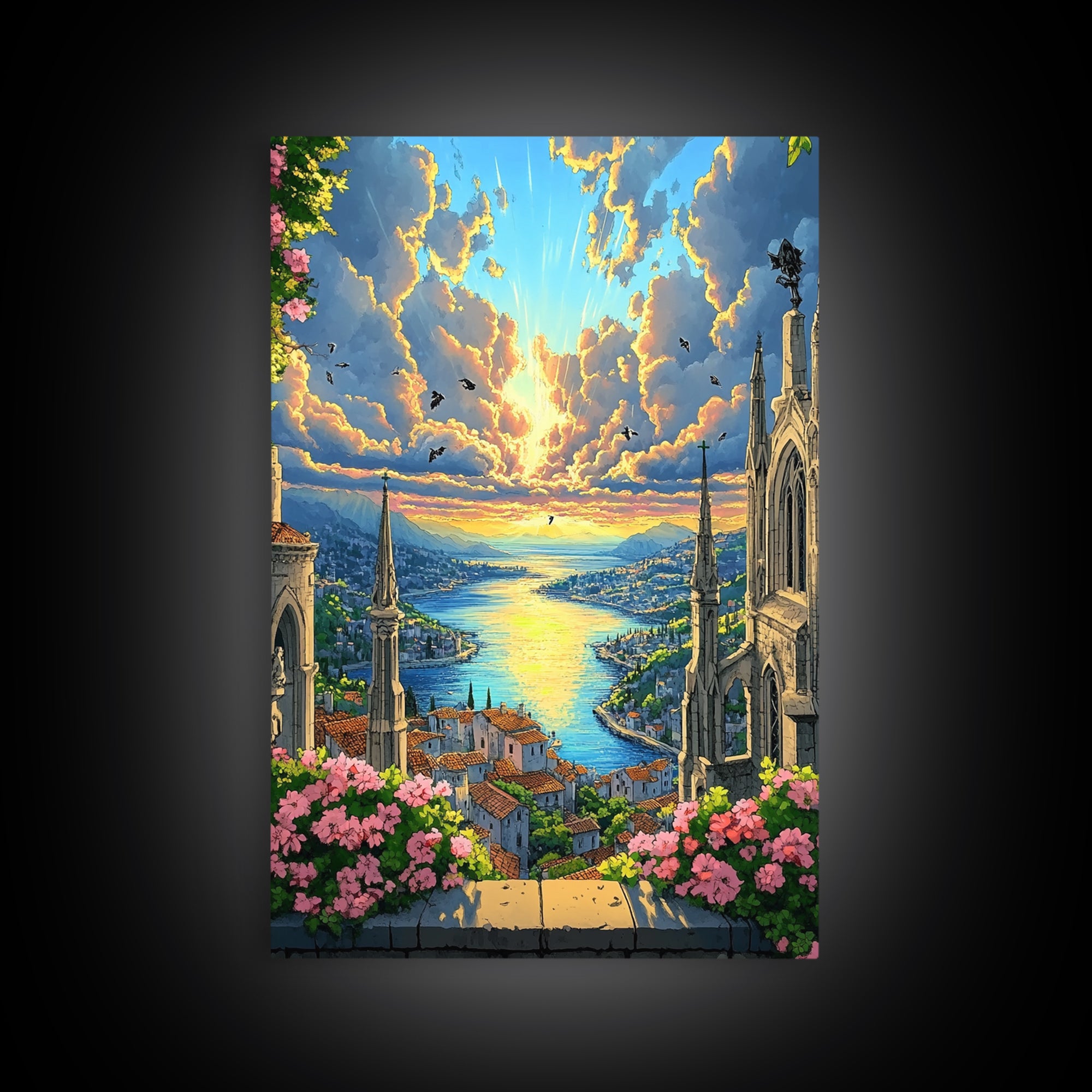 Sunset Harbor City From Cathedral Balcony With Pink Flowers Framed Canvas Print, Coastal Fantasy Wall Art, Home Decor For Living Room