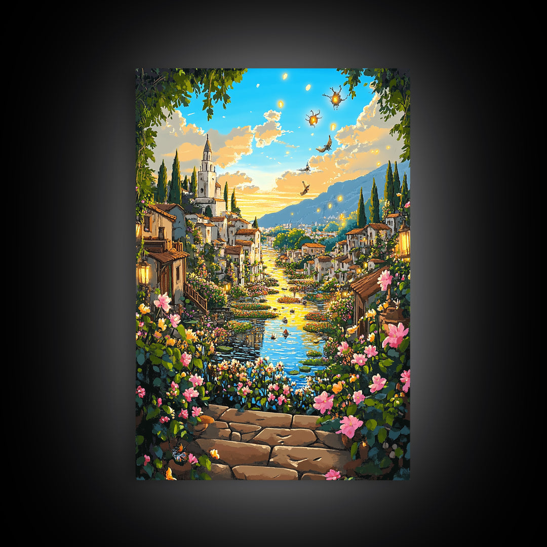 Sunlit Fantasy Village Canal With Flowers Canvas Print, Mediterranean Castle Wall Art For Living Room Decor Housewarming Gift