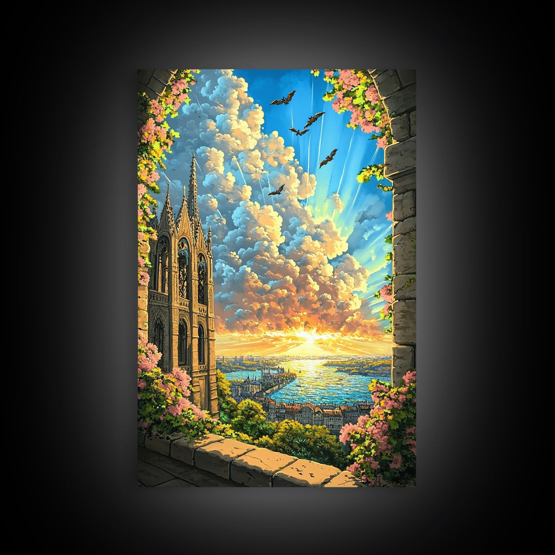 Gothic Cathedral Window At Golden Sunset Framed Canvas Print, Fantasy Landscape Wall Art For Bedroom Home Decor Gift For Her