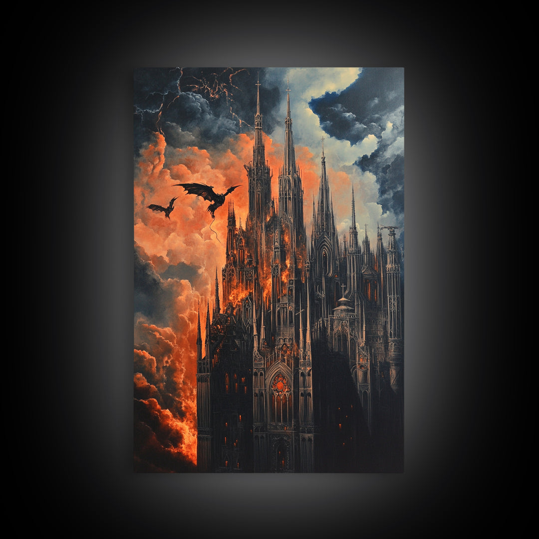 Burning Gothic Cathedral With Dragons Framed Canvas Print, Dark Fantasy Wall Art For Moody Gothic Office Decor Gift For Him