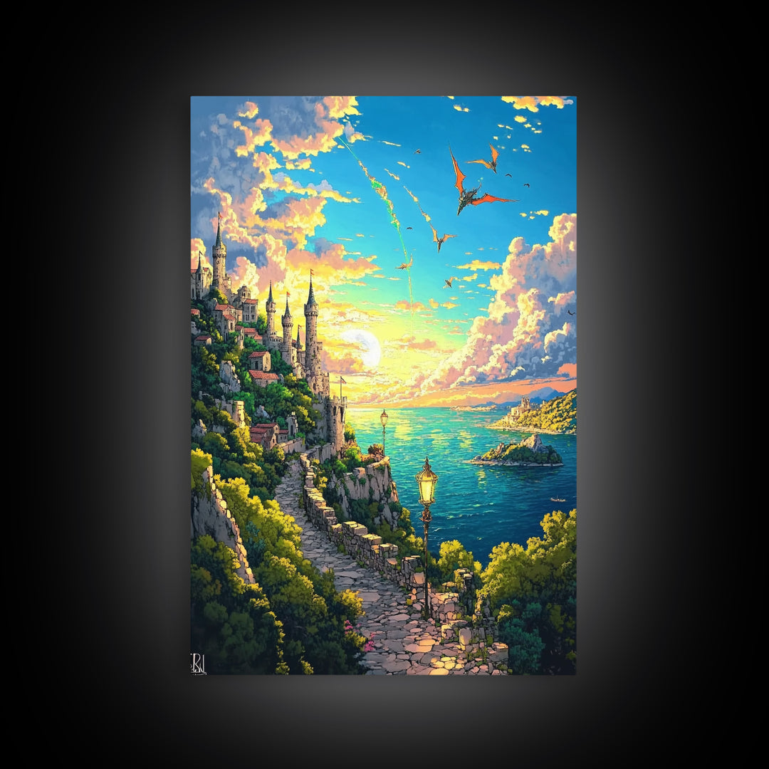 Sunset Seaside Castle Path With Dragons Canvas Print, Fantasy Coastal Wall Art For Living Room Home Decor Housewarming Gift
