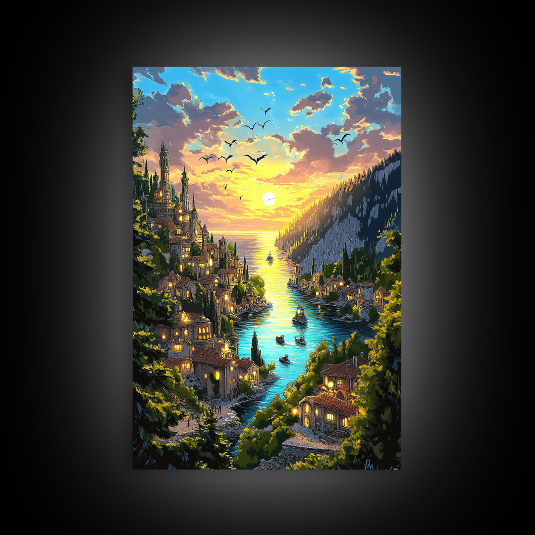 Glowing River Valley Castle Village Canvas Print, Fantasy Landscape Wall Art For Cozy Living Room Decor Housewarming Gift