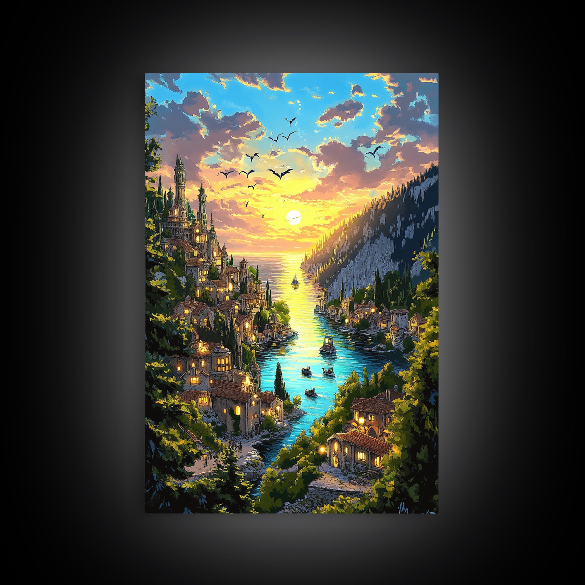 Glowing River Valley Castle Village Canvas Print, Fantasy Landscape Wall Art For Cozy Living Room Decor Housewarming Gift
