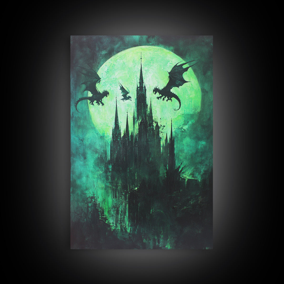 Green Moon Dragon Castle Framed Canvas Print, Gothic Dark Fantasy Wall Art For Moody Bedroom Decor Halloween Gift For Him