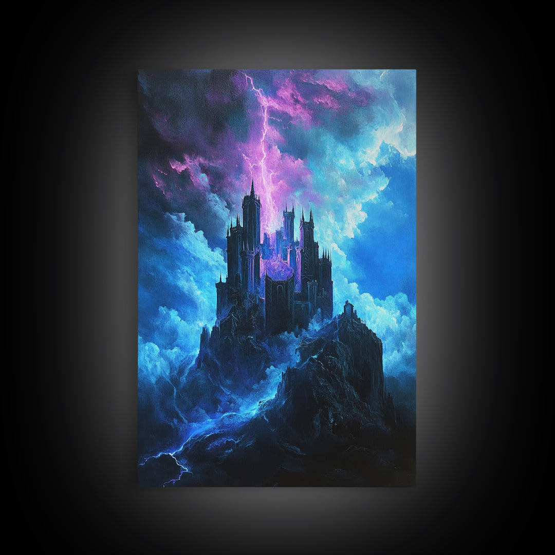 Stormy Gothic Castle With Purple Lightning Canvas Print, Dark Fantasy Wall Art For Moody Bedroom And Office Decor Gift For Him