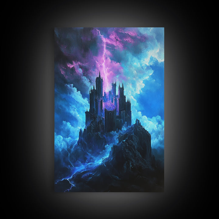 Stormy Gothic Castle With Purple Lightning Canvas Print, Dark Fantasy Wall Art For Moody Bedroom And Office Decor Gift For Him