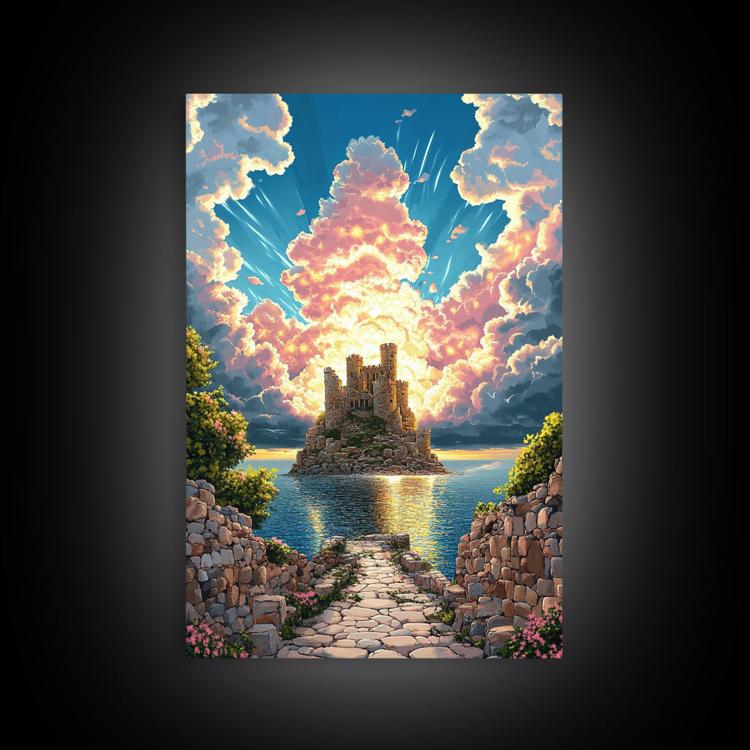 Island Castle Ruins Under Radiant Clouds Canvas Print, Coastal Fantasy Wall Art For Living Room Home Decor Housewarming Gift
