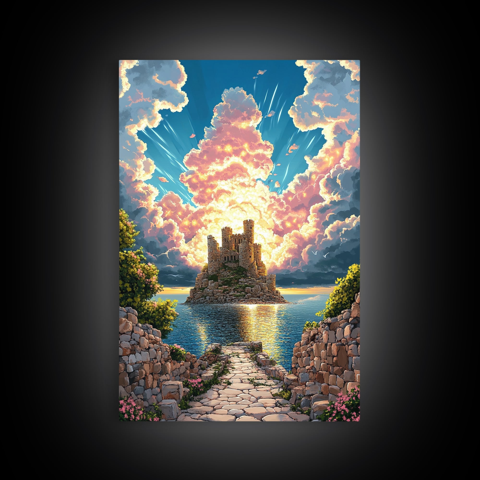 Island Castle Ruins Under Radiant Clouds Canvas Print, Coastal Fantasy Wall Art For Living Room Home Decor Housewarming Gift