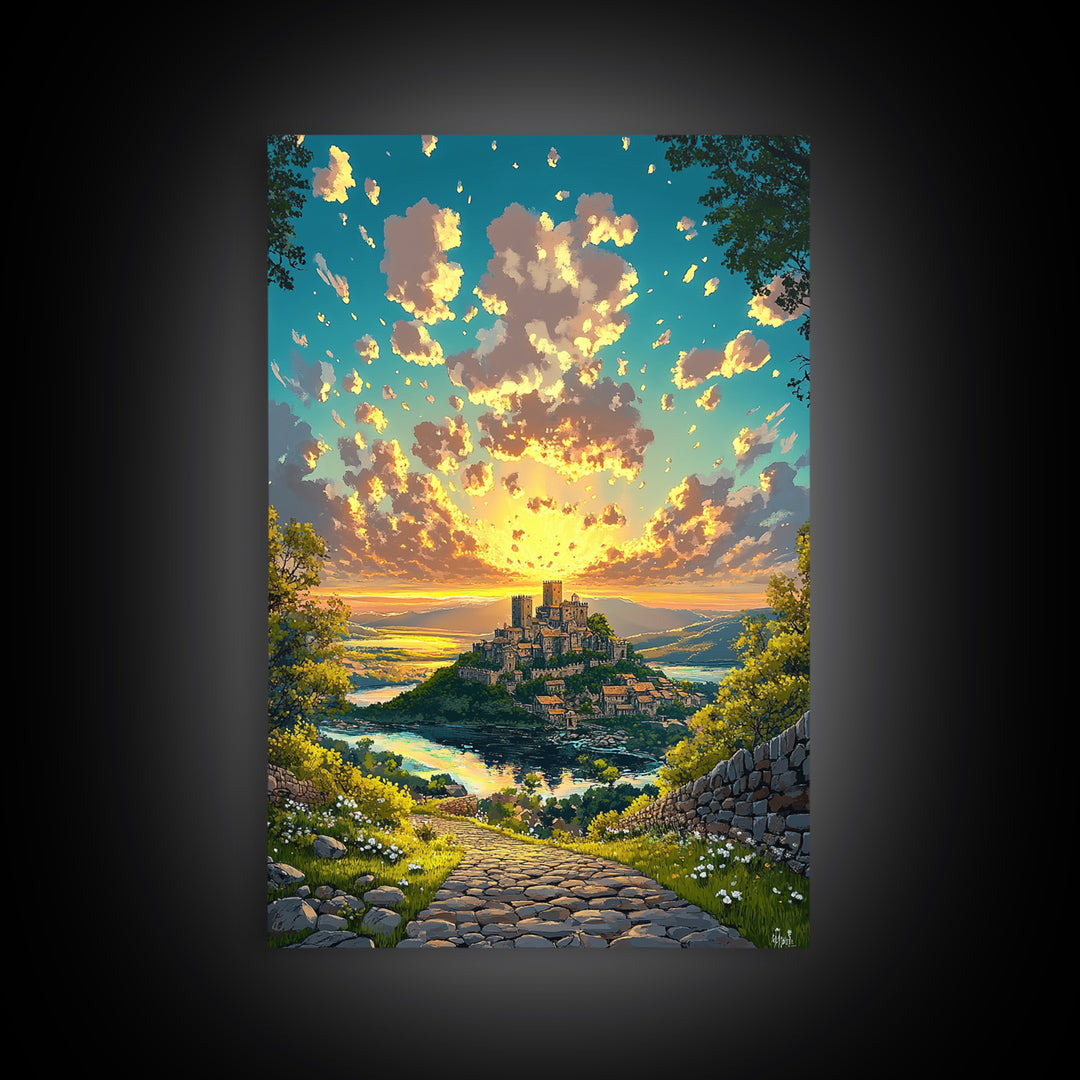 Sunrise Hilltop Castle Village Stone Path Canvas Print, Fantasy Landscape Wall Art For Living Room Decor Housewarming Gift