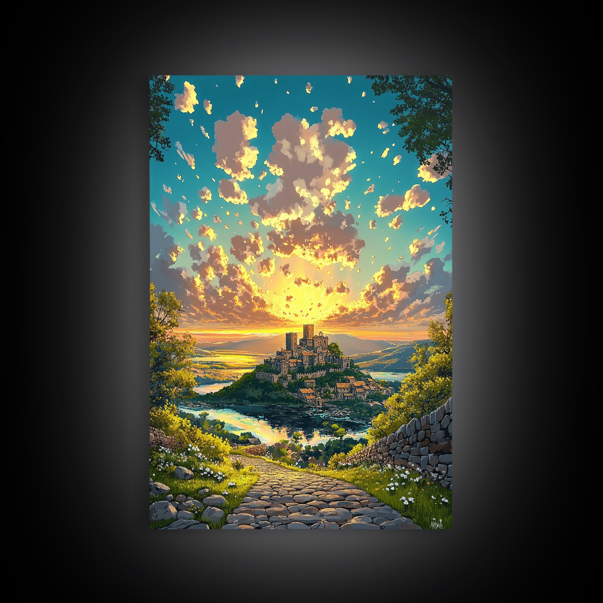 Sunrise Hilltop Castle Village Stone Path Canvas Print, Fantasy Landscape Wall Art For Living Room Decor Housewarming Gift