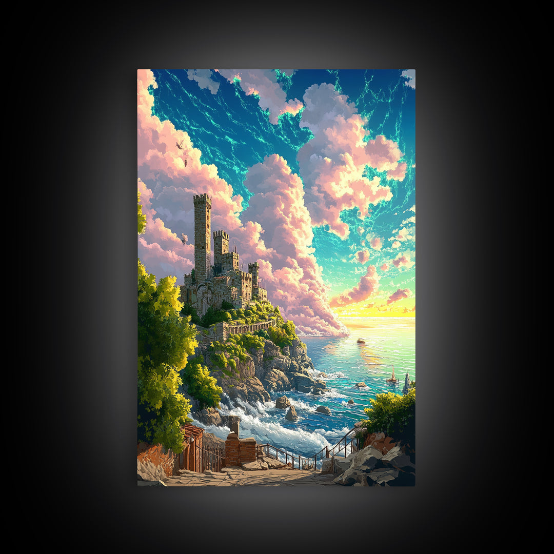 Sunlit Coastal Castle By Turquoise Sea Wall Art, Fantasy Landscape Print, Ocean Cliff Decor, Large Canvas Home Decor, Gift