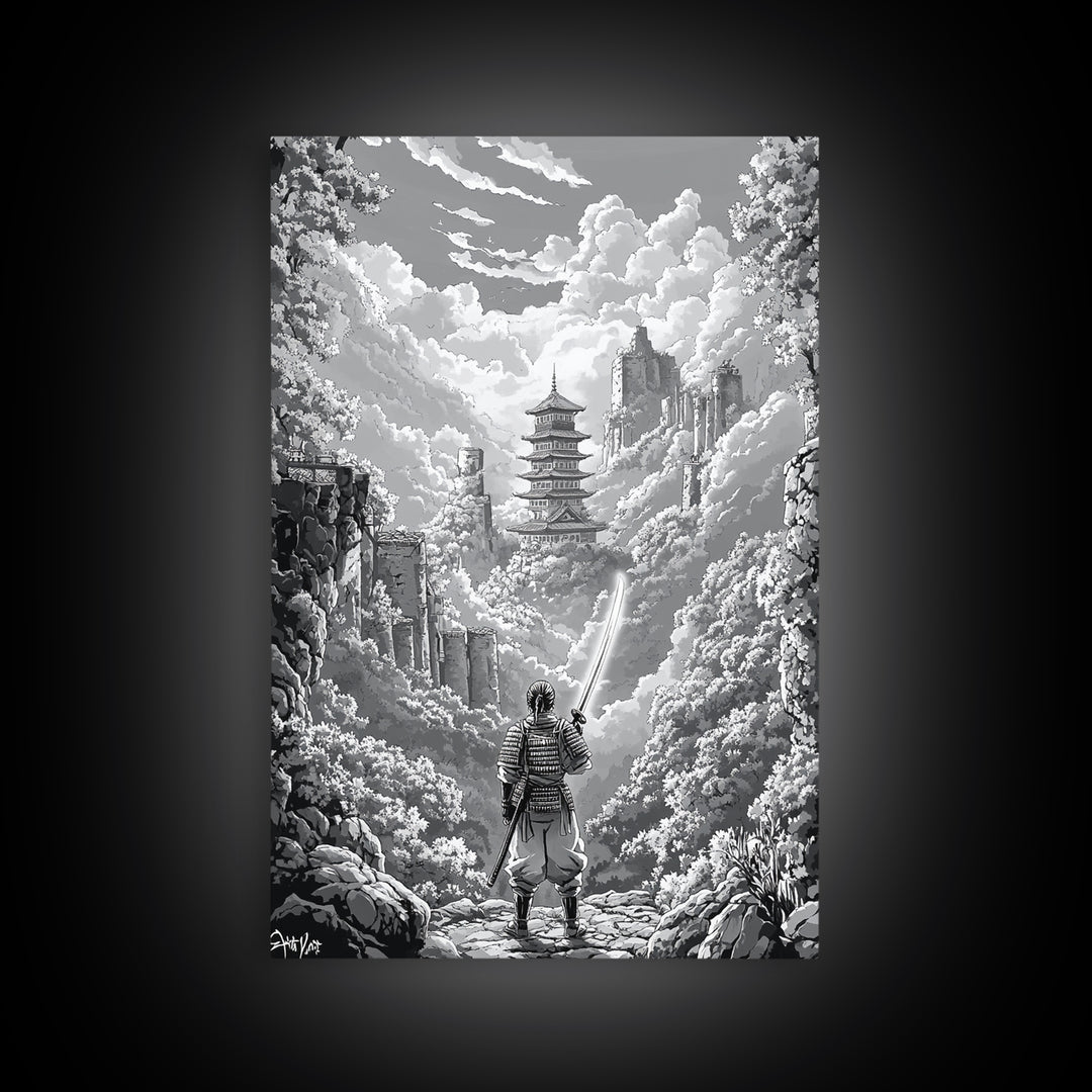 Black And White Samurai Temple Wall Art, Japanese Pagoda Fantasy Print, Monochrome Landscape, Framed Canvas Print, Home Decor