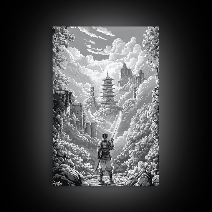 Black And White Samurai Temple Wall Art, Japanese Pagoda Fantasy Print, Monochrome Landscape, Framed Canvas Print, Home Decor