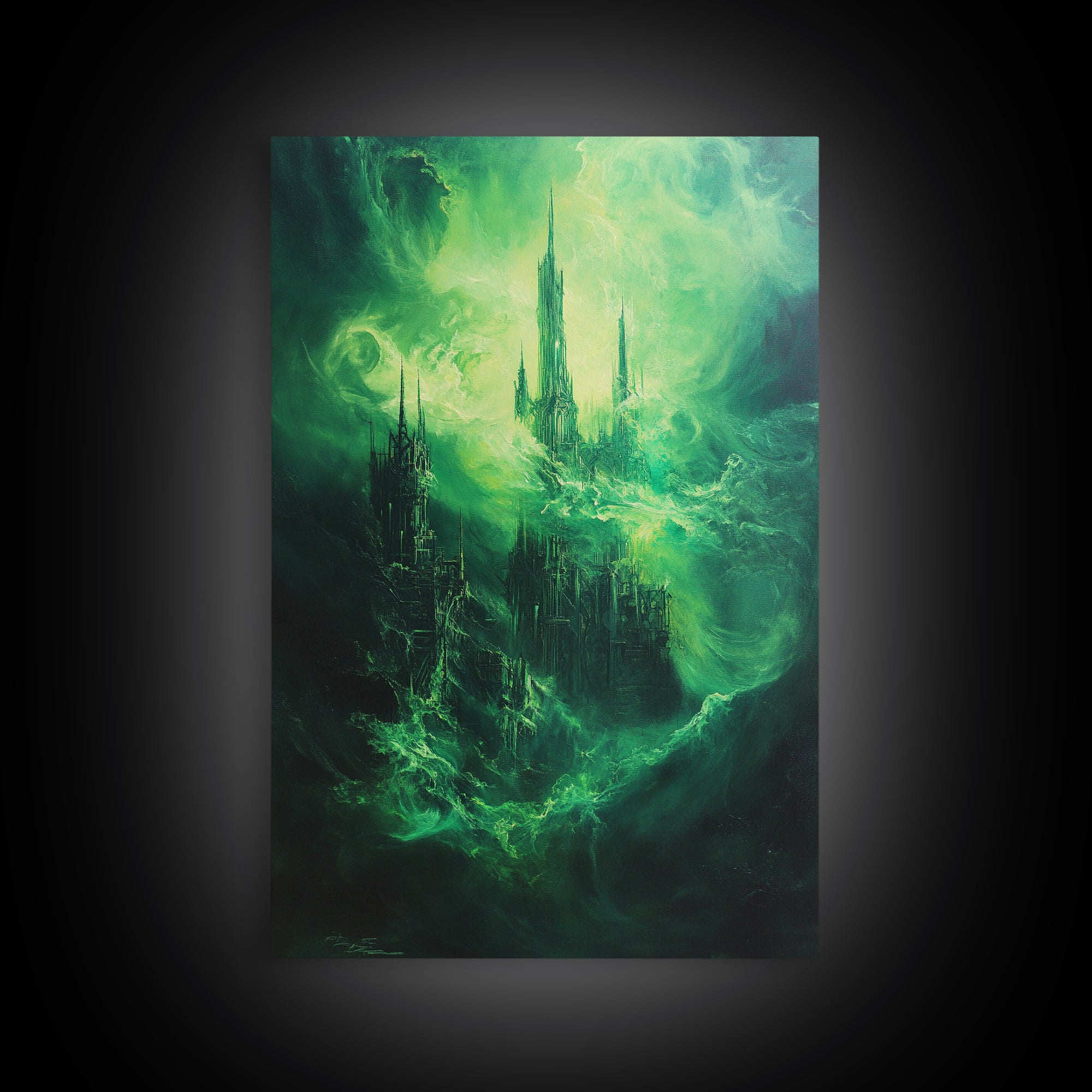 Emerald Gothic Floating Castle Large Canvas Print, Dark Fantasy Wall Art, Surreal Green Cityscape, Moody Home Decor Gift