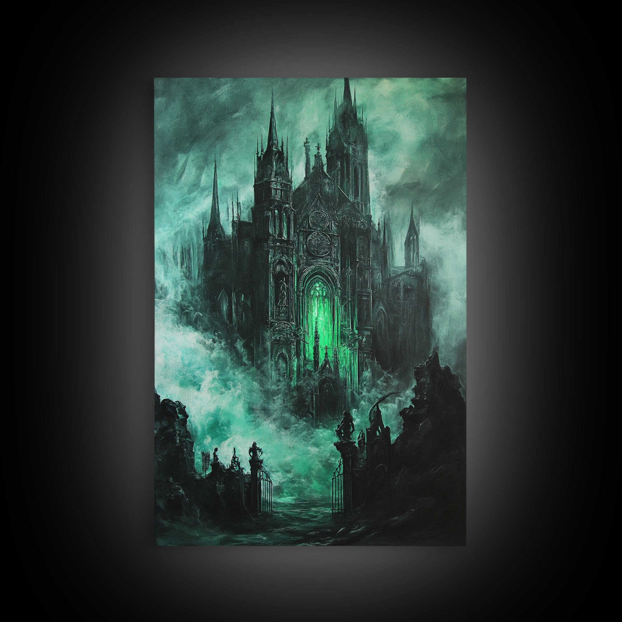 Haunted Gothic Cathedral In Emerald Mist Wall Art, Dark Academia Decor, Fantasy Architecture, Moody Framed Canvas Print, Gift