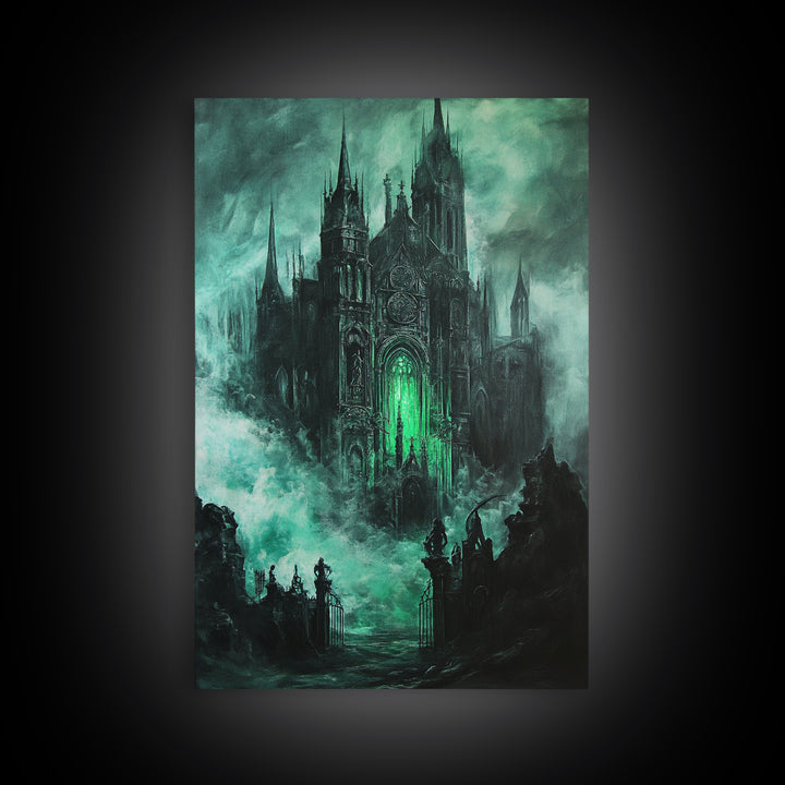 Haunted Gothic Cathedral In Emerald Mist Wall Art, Dark Academia Decor, Fantasy Architecture, Moody Framed Canvas Print, Gift