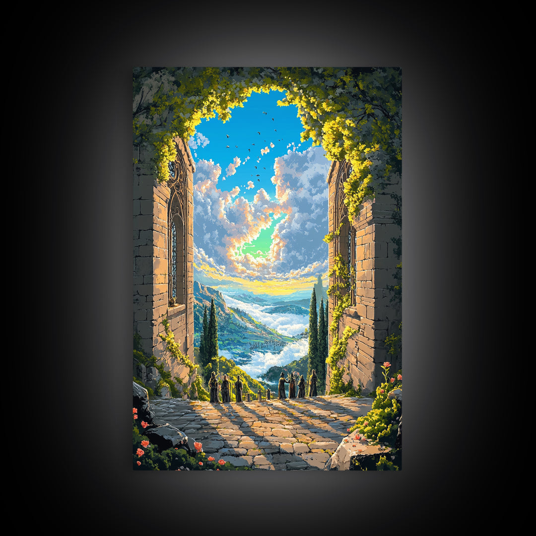 Sunlit Stone Archway Over Mountain Valley Wall Art, Italian Landscape Print, Garden Ruins Decor, Large Framed Canvas Print