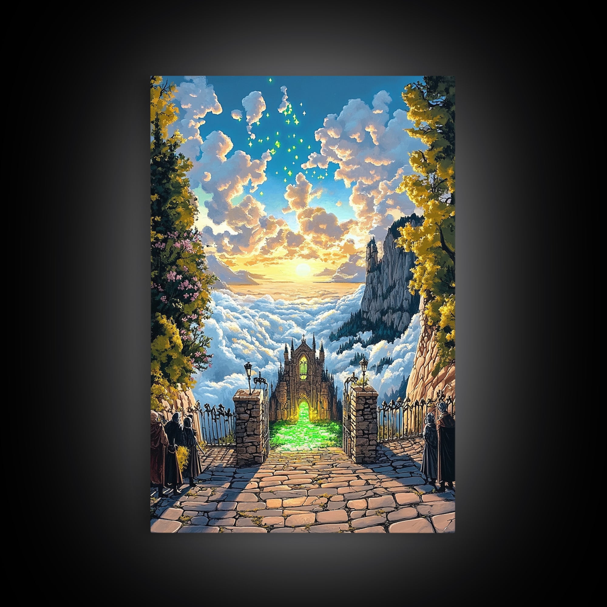 Glowing Cathedral Gate Above Cloud Sea Wall Art, Fantasy Landscape Print, Celestial Castle Decor, Large Framed Canvas Print