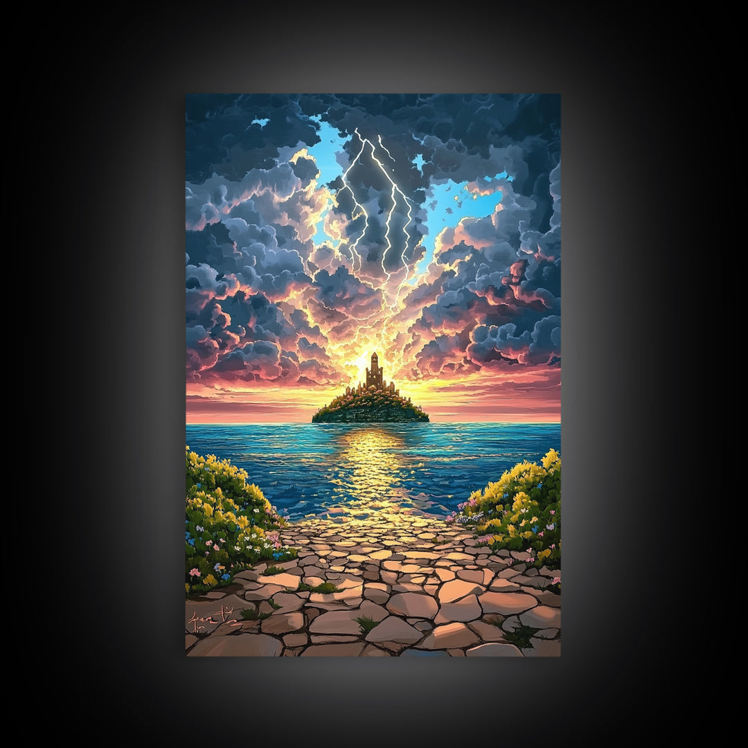 Lightning Over Island Tower At Sunset Wall Art, Dramatic Ocean Seascape Print, Fantasy Coastal Decor, Framed Canvas Print