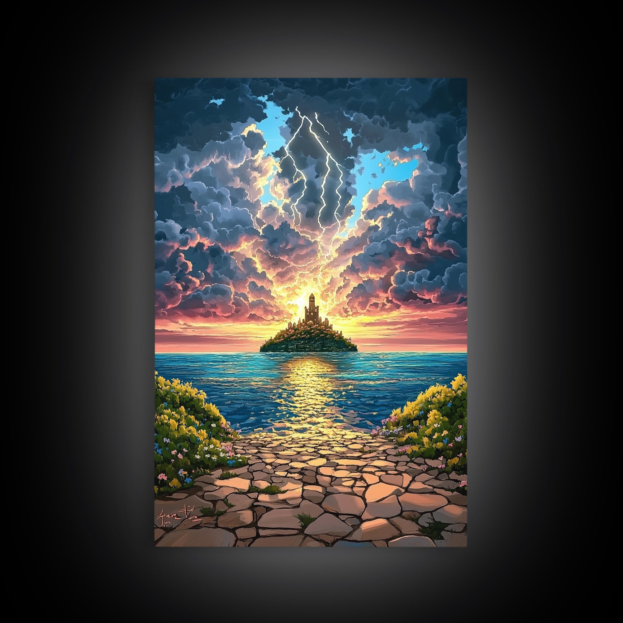 Lightning Over Island Tower At Sunset Wall Art, Dramatic Ocean Seascape Print, Fantasy Coastal Decor, Framed Canvas Print