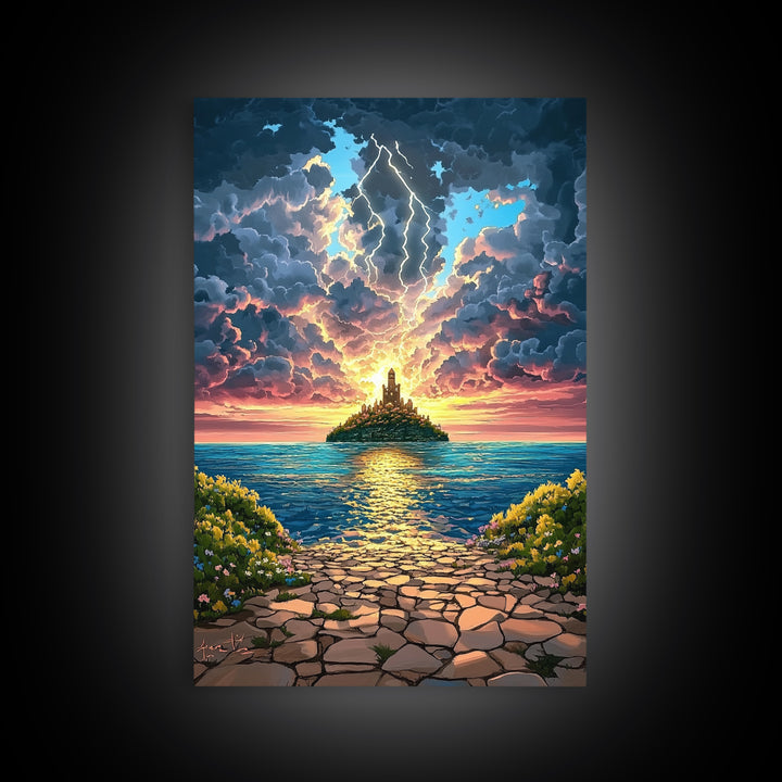 Lightning Over Island Tower At Sunset Wall Art, Dramatic Ocean Seascape Print, Fantasy Coastal Decor, Framed Canvas Print