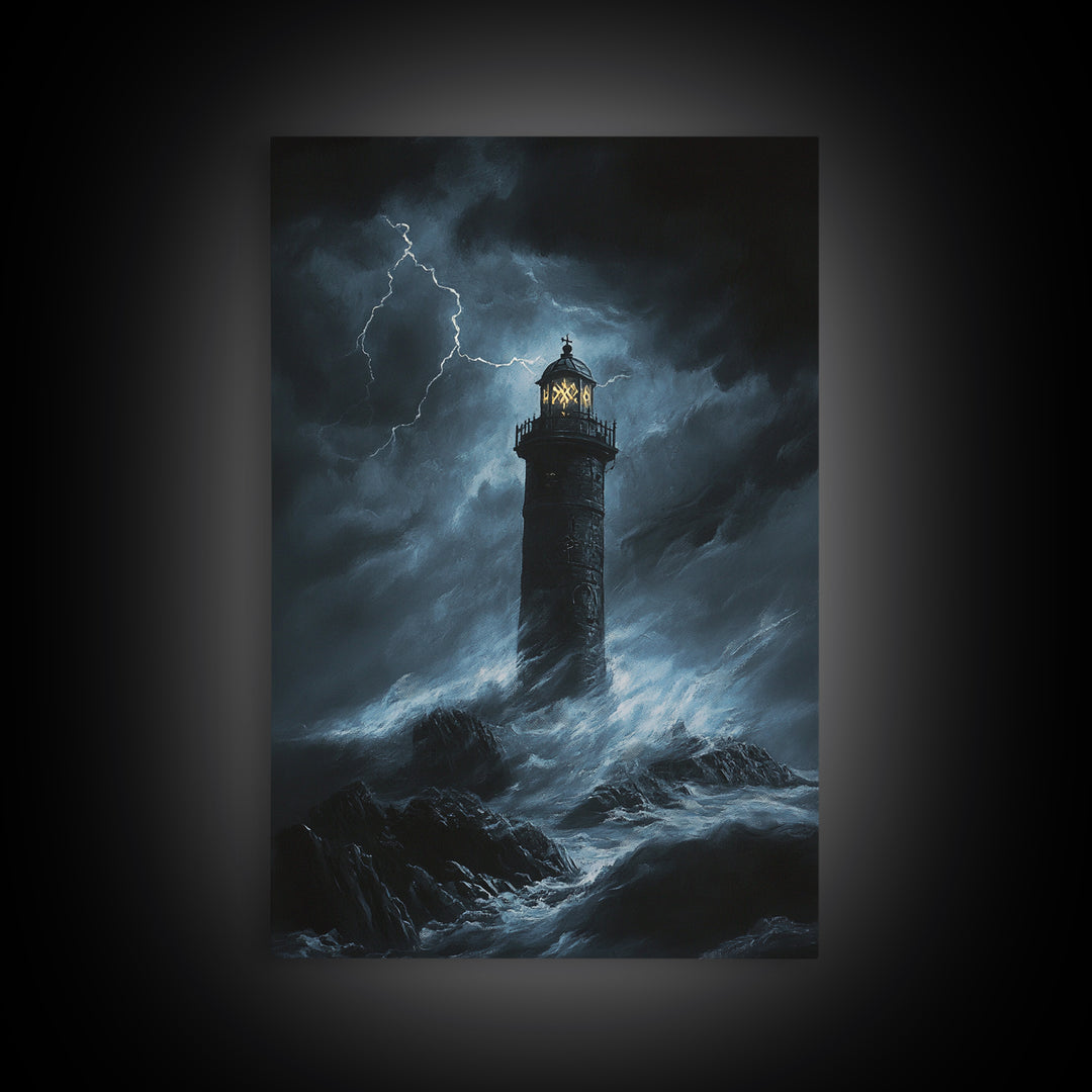 Stormy Lighthouse In Moonlit Waves Wall Art, Dark Coastal Seascape Print, Nautical Ocean Decor, Large Framed Canvas Print