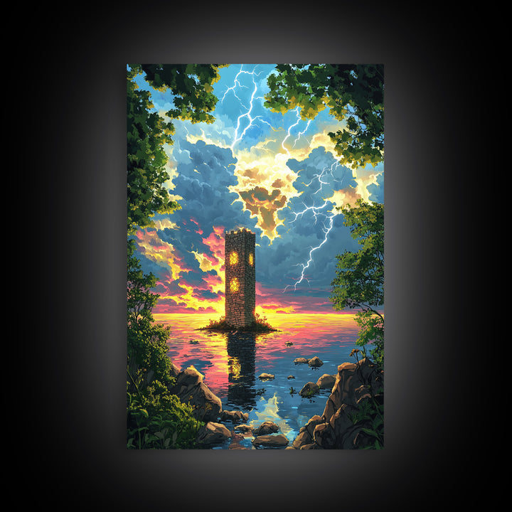 Lightning Struck Sea Tower At Sunset Canvas Print, Fantasy Coastal Wall Art, Stormy Ocean Decor, Large Framed Canvas Print