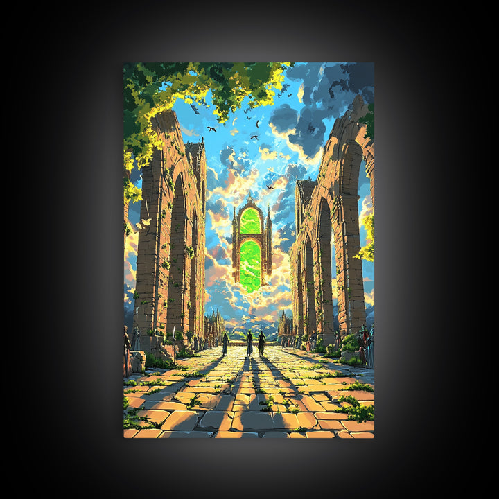 Sunlit Ruined Cathedral Portal Canvas Print, Fantasy Wall Art, Gothic Architecture, Mystical Landscape, Living Room Decor