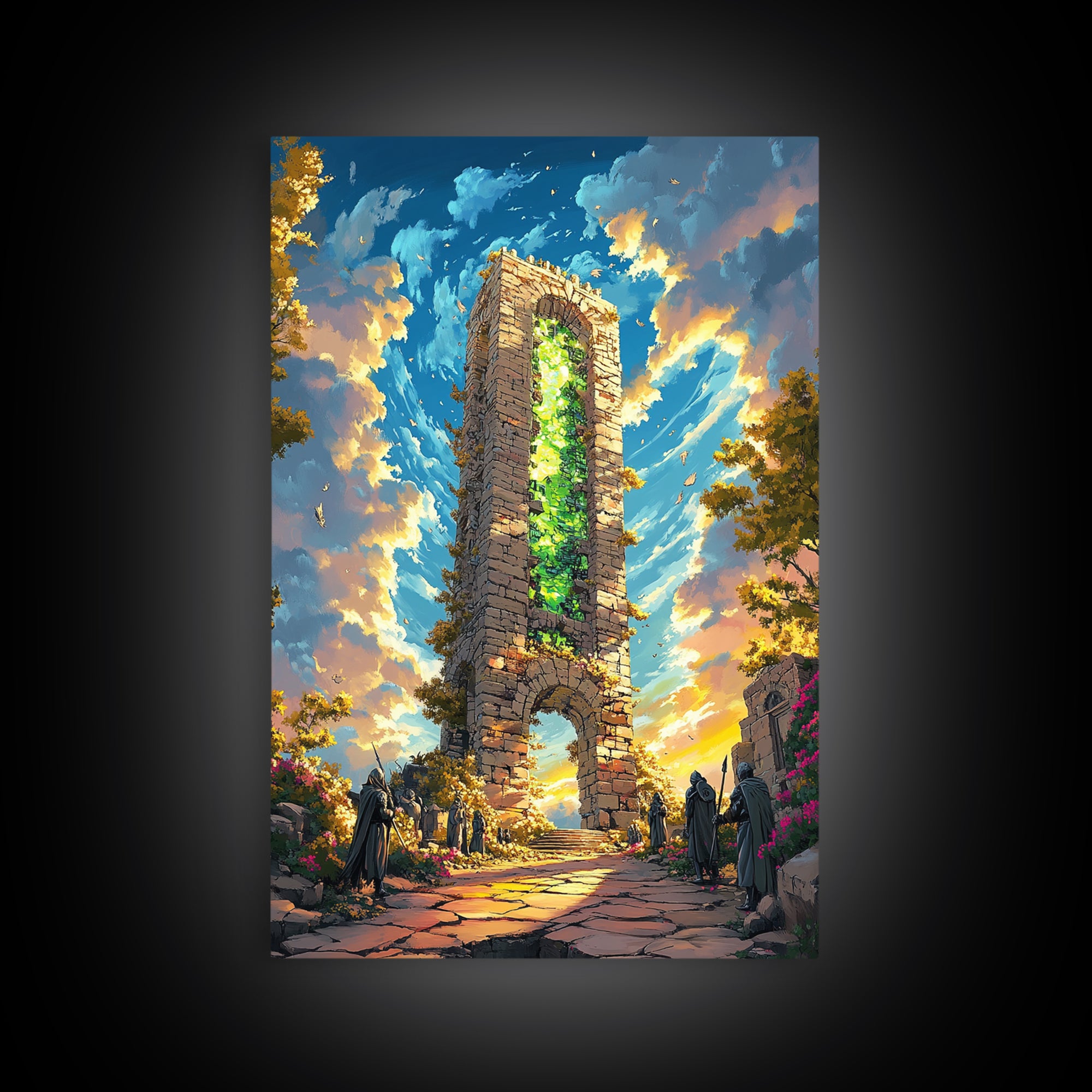 Glowing Stone Tower Gate Framed Canvas Print, Fantasy Wall Art, Gothic Ruins, Magical Landscape, Statement Home Decor, Living Room Art