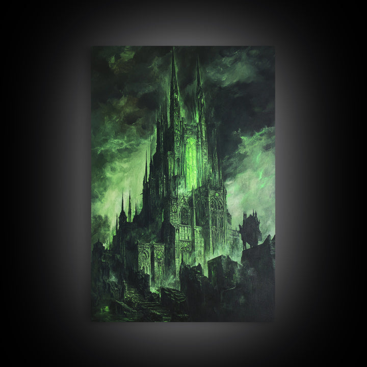 Dark Green Gothic Cathedral Wall Art, Fantasy Castle Print, Dark Academia Decor, Moody Wall Decor, Gothic Canvas Print, Mystical Art