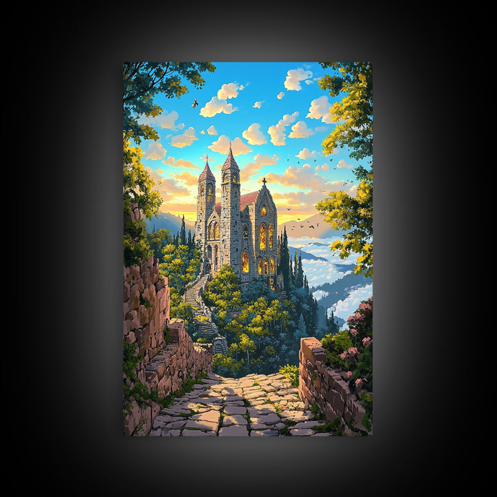 Stone Hilltop Abbey Framed Canvas Print, Fantasy Landscape Wall Art, Gothic Architecture, Nature Decor, Living Room Art, Home Decor