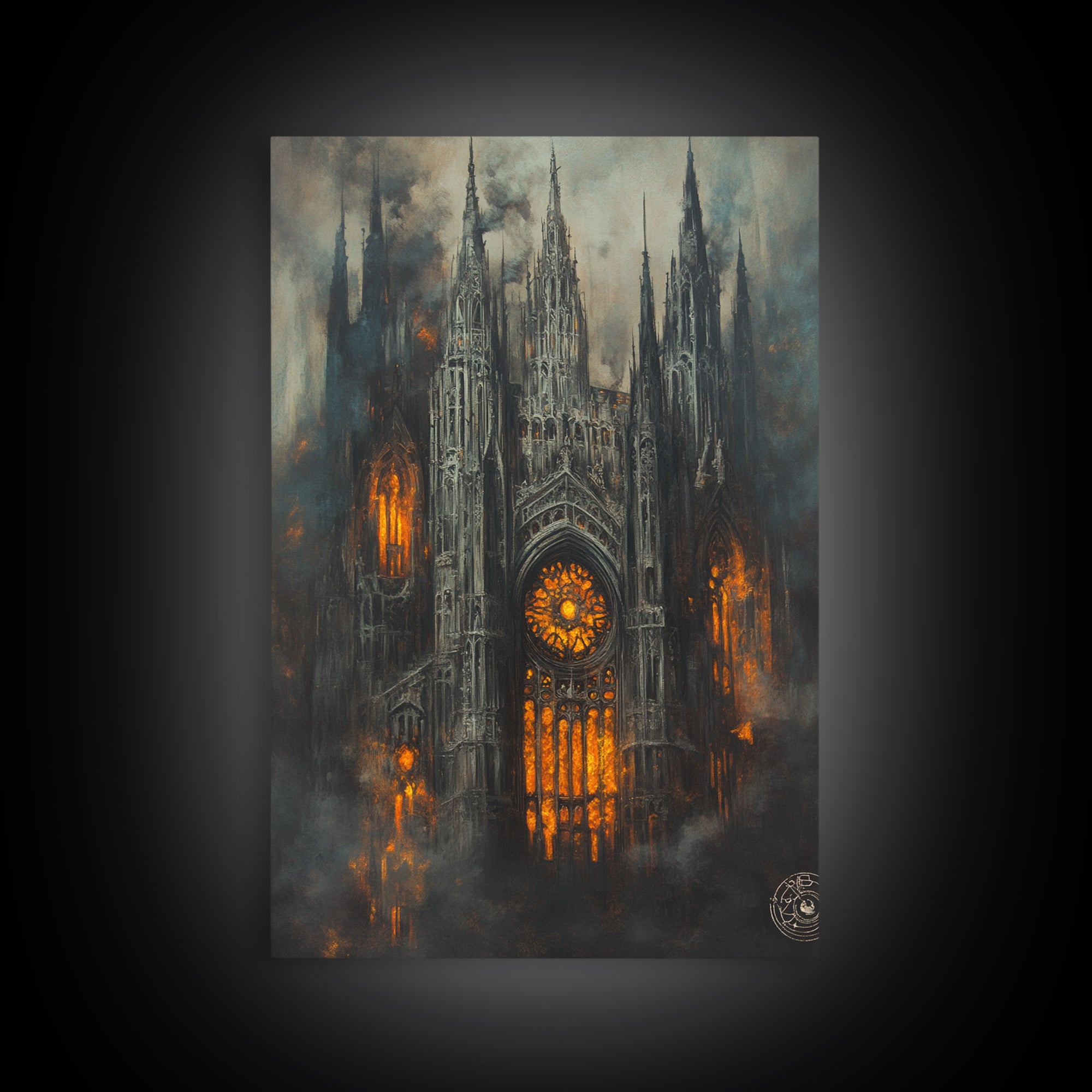 Burning Gothic Cathedral Canvas Print, Dark Fantasy Wall Art, Moody Architecture, Dark Academia Decor, Statement Artwork