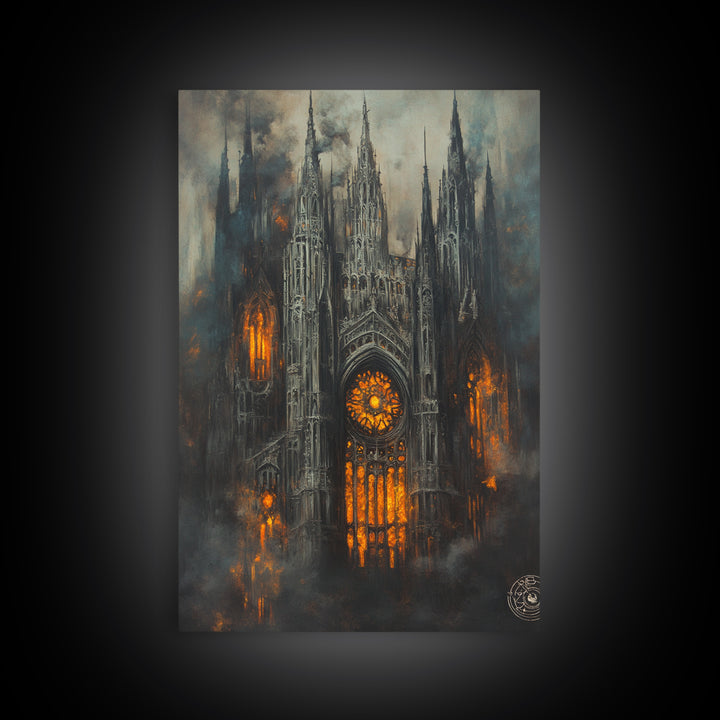 Burning Gothic Cathedral Canvas Print, Dark Fantasy Wall Art, Moody Architecture, Dark Academia Decor, Statement Artwork