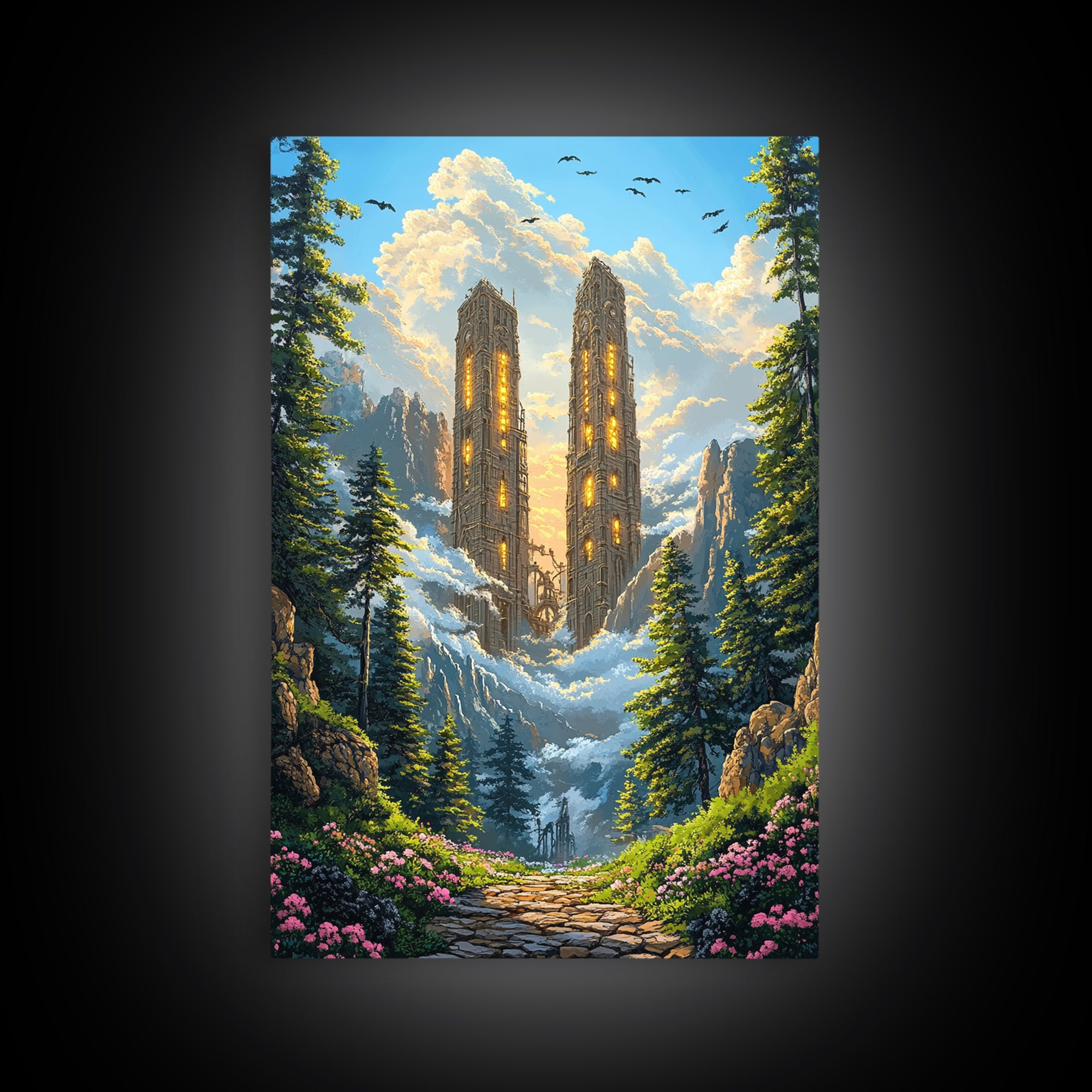 Twin Mountain Towers Canvas Print, Snowy Fantasy Landscape Wall Art, Pine Forest Decor, Large Wall Art, Living Room Decor