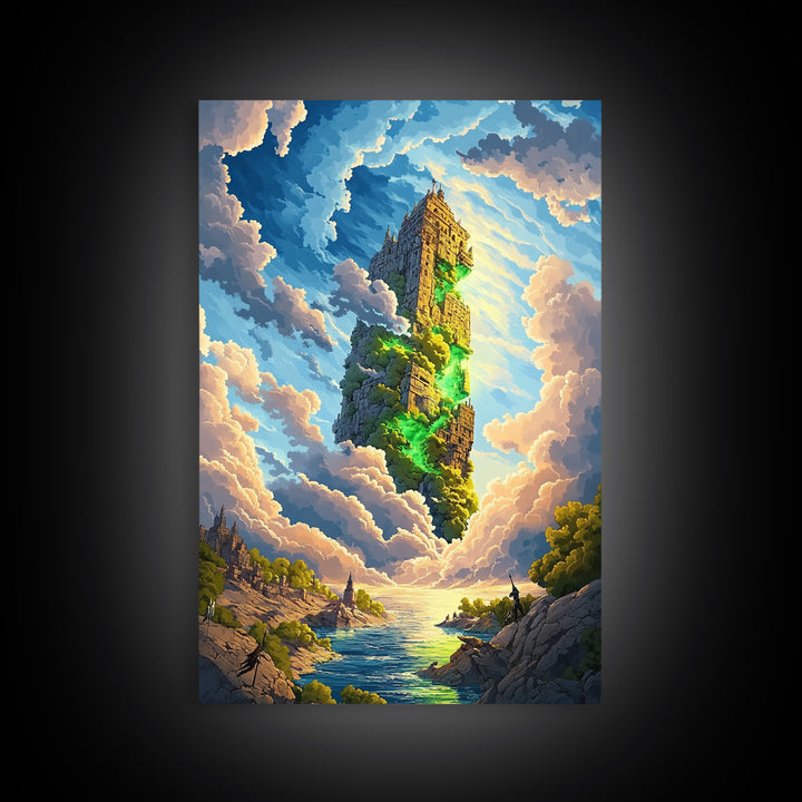 Floating Stone Tower Canvas Print, Magical Sky Island Wall Art, Fantasy Landscape, Coastal Decor, Statement Home Decor, Large Art