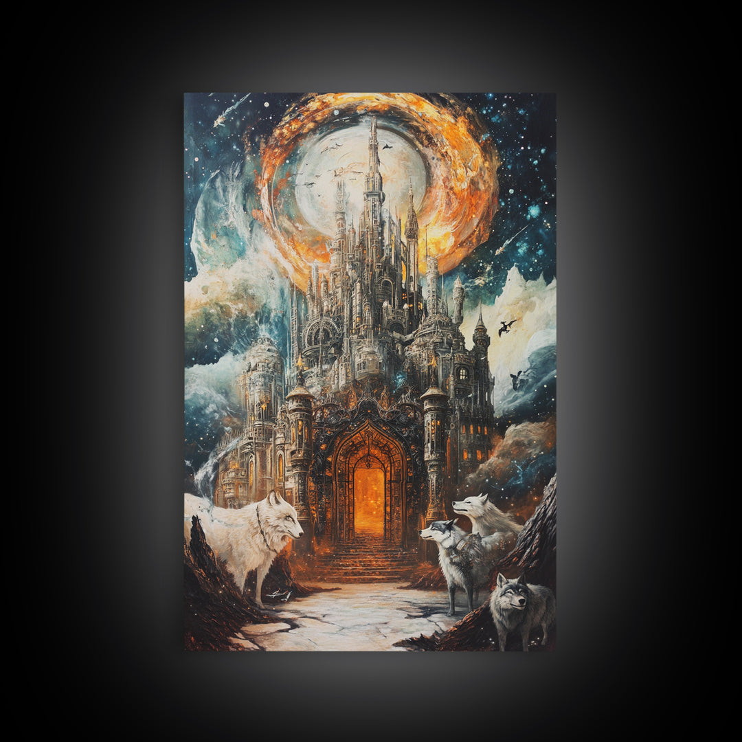 Gothic Moon Castle With Wolves Canvas Print, Fantasy Wall Art, Dark Academia Decor, Mystical Landscape, Gothic Home Decor