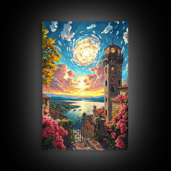 Lake Como Sunset Tower Canvas Print, Italian Coastal Wall Art, Mediterranean Decor, Travel Poster, Elegant Living Room Decor