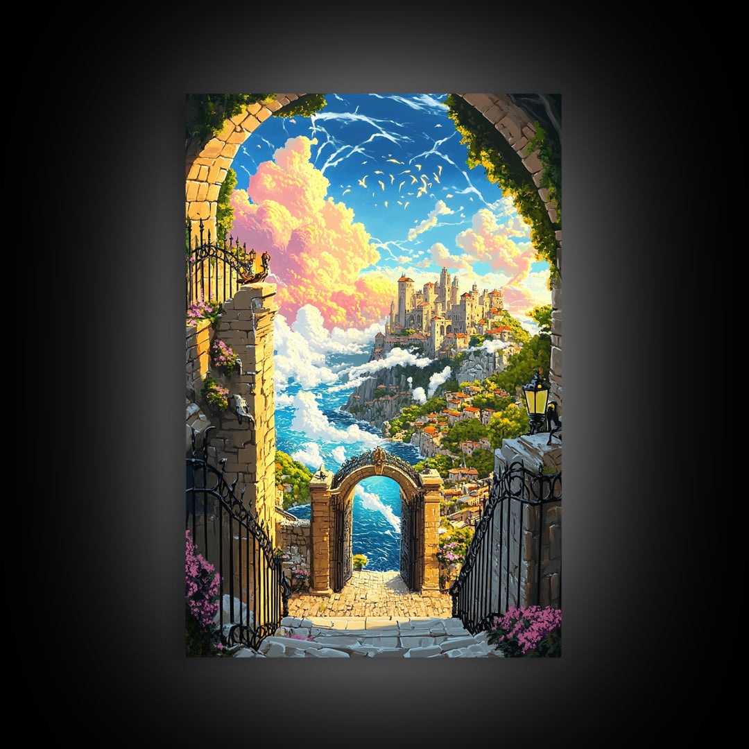 Clifftop Castle Gateway Canvas Print, Fantasy Coastal Wall Art, Whimsical Landscape, Storybook Decor, Large Art Print, Home Decor