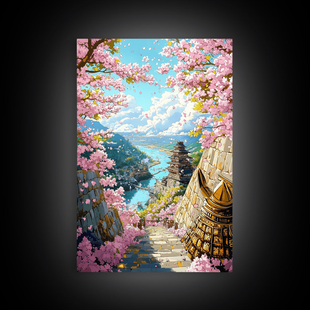 Cherry Blossom Pagoda Stairway Canvas Print, Japanese Wall Art, Samurai Decor, Spring Landscape, Zen Home Decor, Living Room Decor