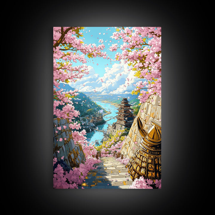 Cherry Blossom Pagoda Stairway Canvas Print, Japanese Wall Art, Samurai Decor, Spring Landscape, Zen Home Decor, Living Room Decor