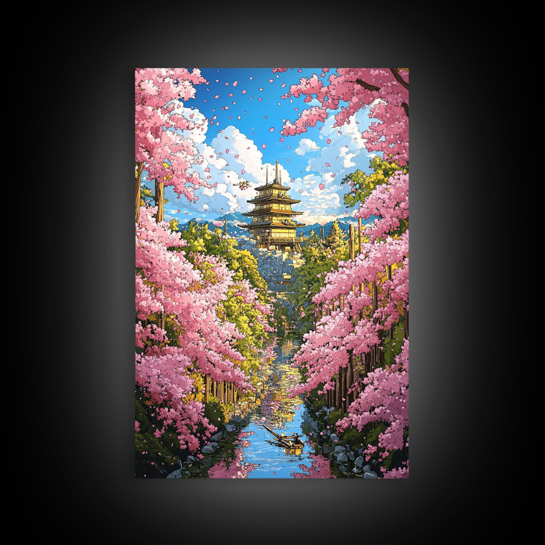 Cherry Blossom Temple Canal Canvas Print, Japanese Wall Art, Spring Landscape, Zen Garden Decor, Colorful Living Room Art
