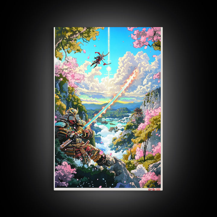 Glowing Sword Samurai Canvas Print, Japanese Wall Art, Fantasy Landscape, Cherry Blossom Decor, Warrior Art, Gaming Room Art