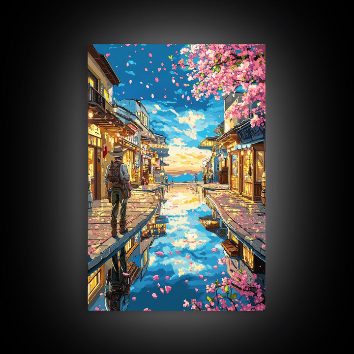 Cherry Blossom Canal Street Canvas Print, Japanese Wall Art, Kyoto Travel Poster, Reflective Water, Cozy Shop Decor, Home Decor