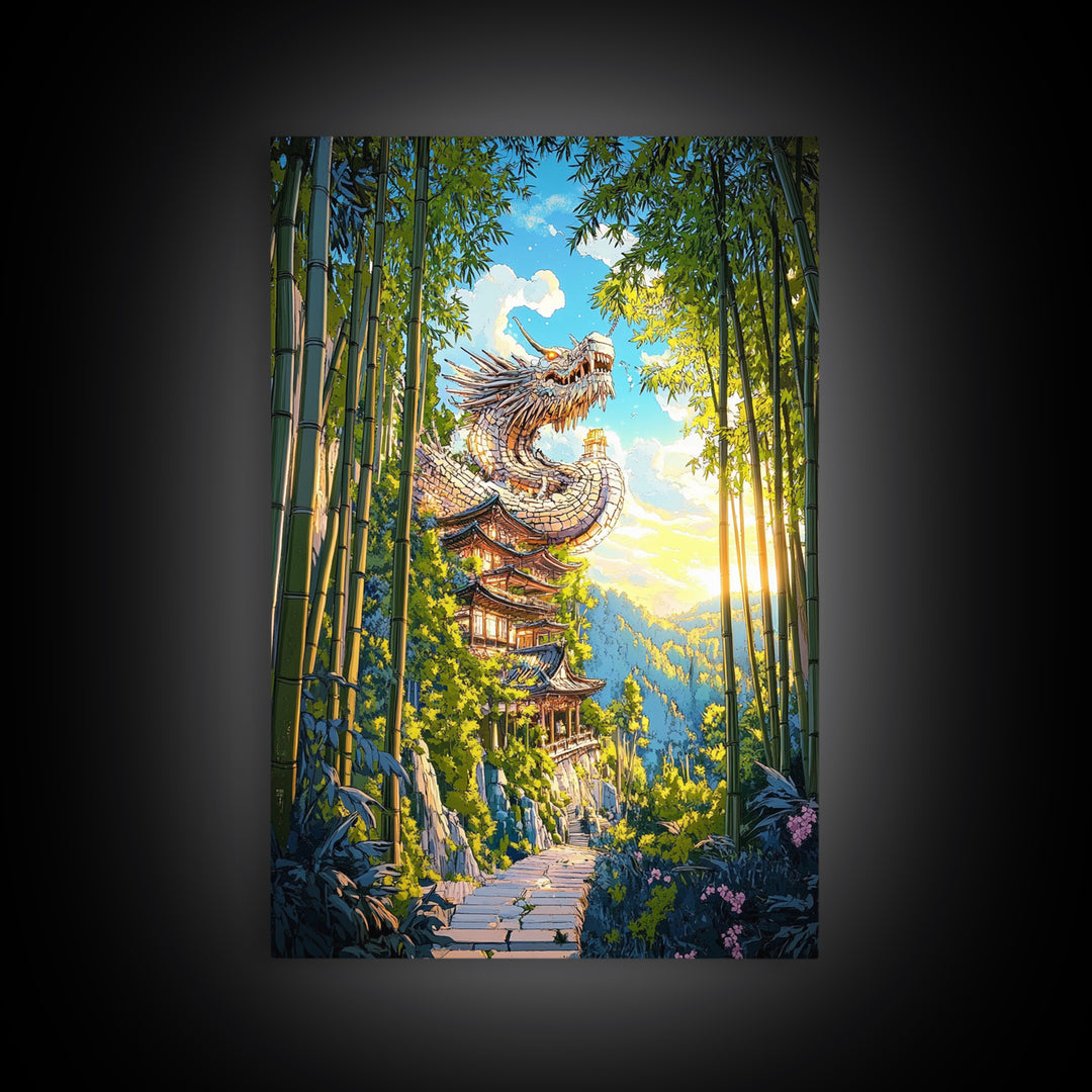 Sunlit Dragon Temple Bamboo Forest Wall Art, Japanese Fantasy Decor, Pagoda Landscape Print, Mystical Asian Home Decor Gift
