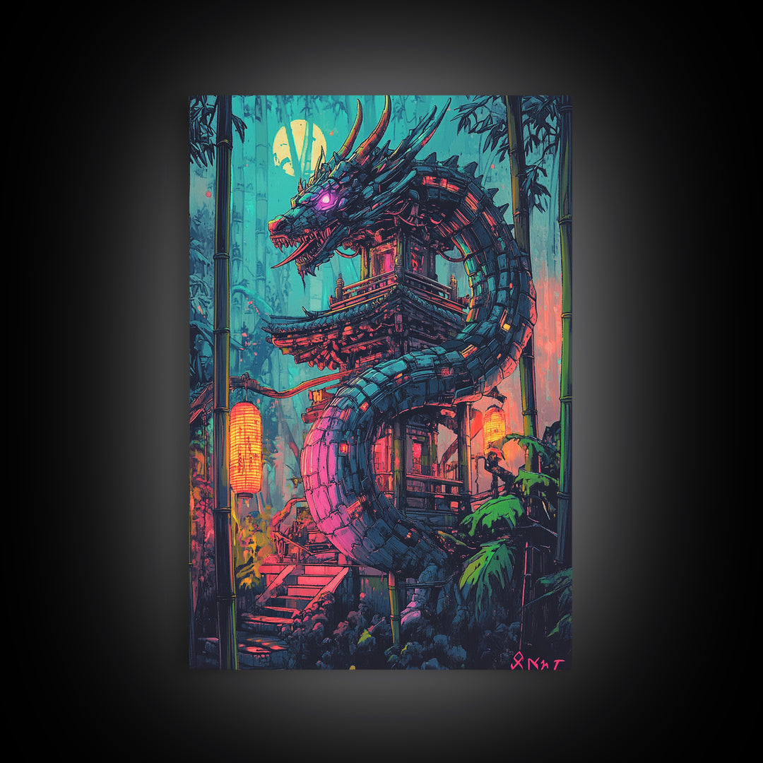 Neon Dragon Pagoda In Moonlit Bamboo Wall Art, Cyberpunk Japanese Fantasy Print, Dark Asian Decor, Gaming Room Poster Gift