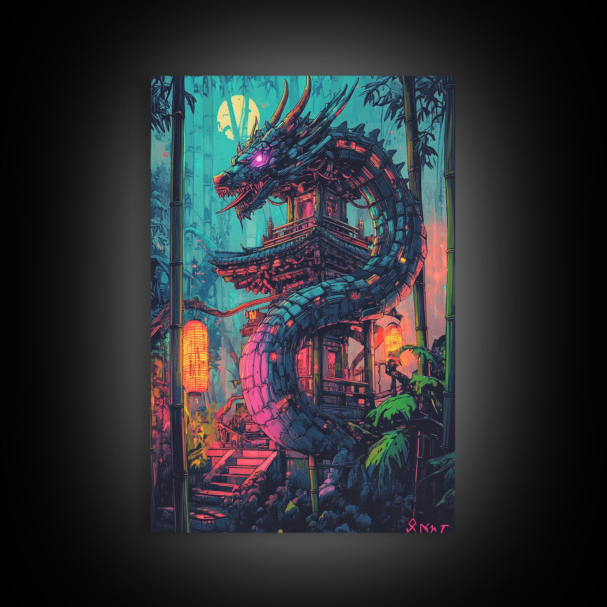 Neon Dragon Pagoda In Moonlit Bamboo Wall Art, Cyberpunk Japanese Fantasy Print, Dark Asian Decor, Gaming Room Poster Gift
